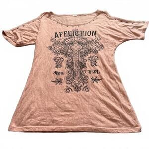 Affliction Peach Studded Shoulder Cross Graphic Top M